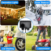 Collage of images showing decoration lights, snow removal, car washing, and a lawnmower.